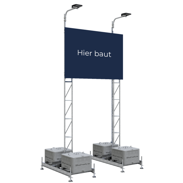 Mounting device | for various advertising board sizes | Dimensions of advertising board: 3.00 x 2.00 m consisting of: | 2 x set up frame, galvanized (part-no. 35350) | 4 x concrete set up device, 600 kg (part-no. 3F120) | 2 x lattice tower, galvanized, 6150 mm (part-no. 353017) | 2 x board holder 3.00 x 2.00 m (part-no. 353330) | 4 x rotary coupler, galvanized (part-no. 3F120-5) | without spotlight
